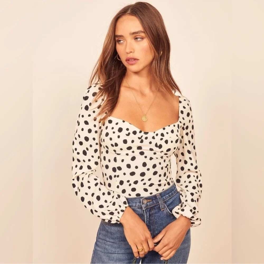 Reformation Reign Ink Blot Polka Dot Top Smocked Back Long Sleeve Blouse Size 8 - Picture 1 of 9